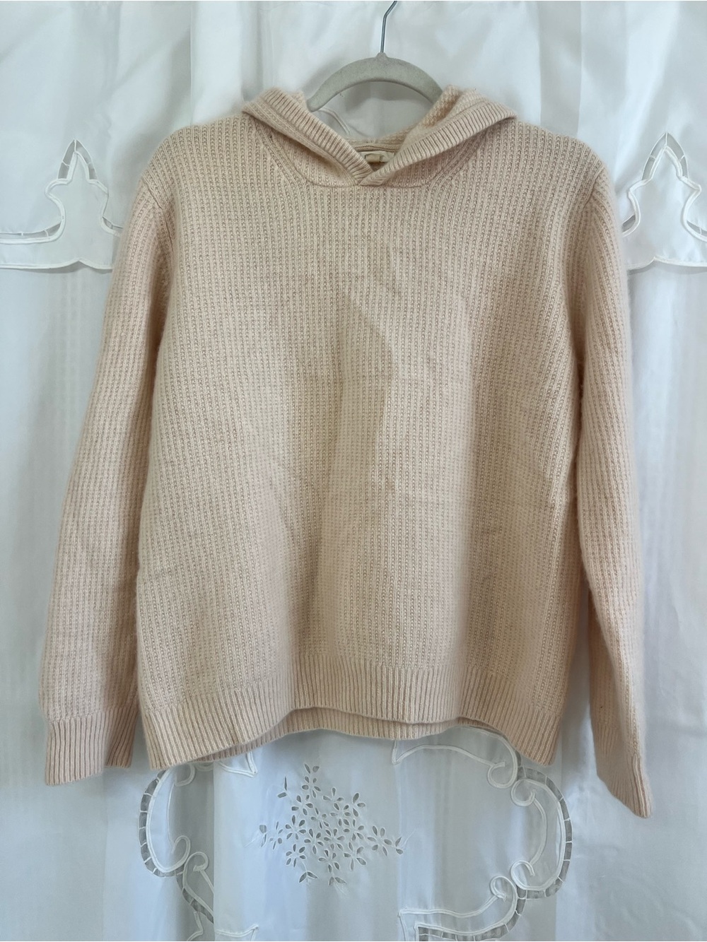 NAP 100% Cashmere Ribbed Pullover Hoodie Sweater Blush Cream Size Large
